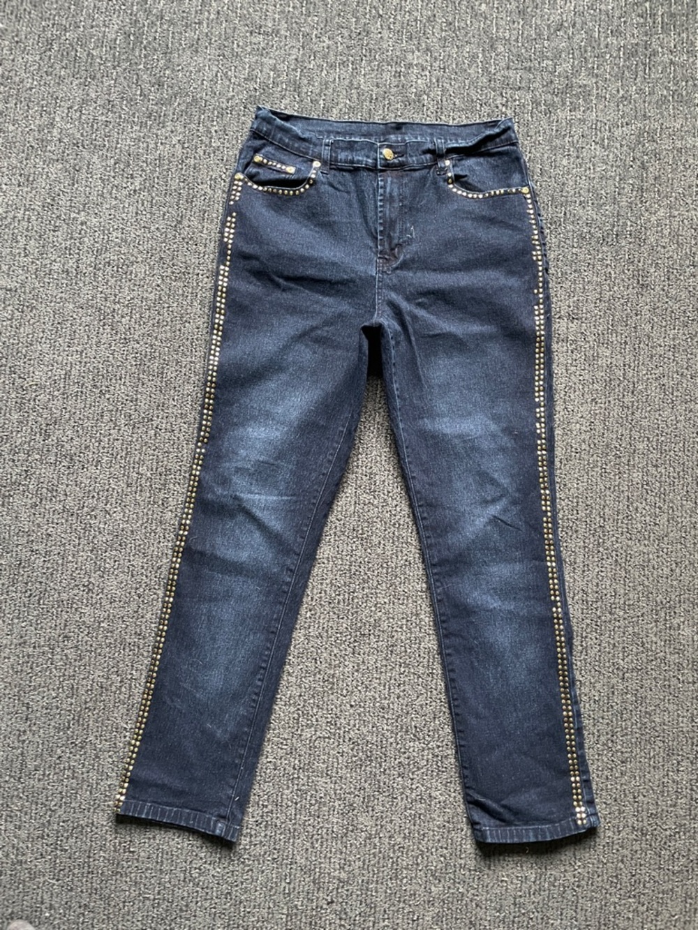 DG2 by Diane Gilman Dark Blue Skinny Jeans with Gold Stud Trim